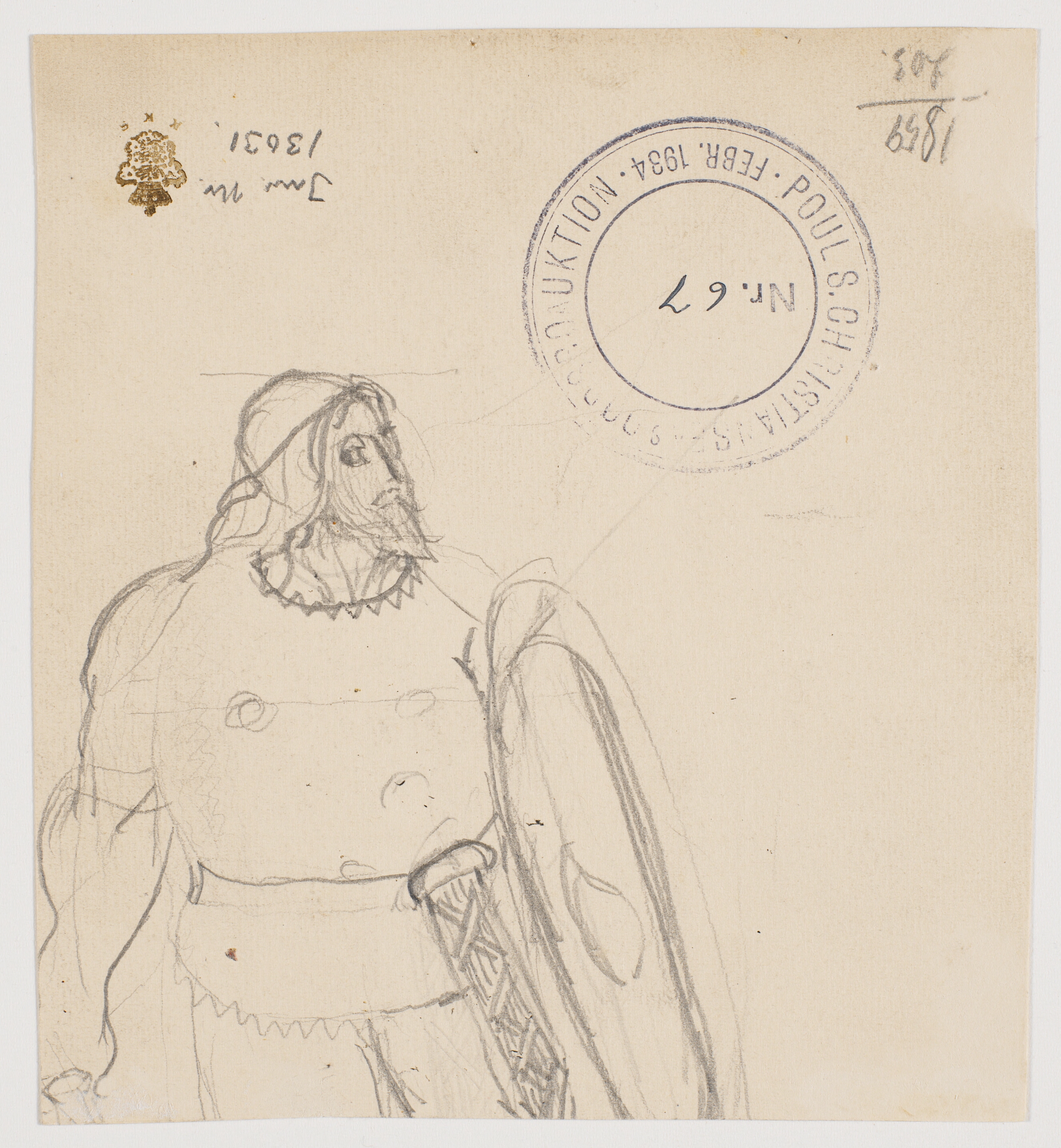 Overkroppen af mandsperson med skjold og sværdskede